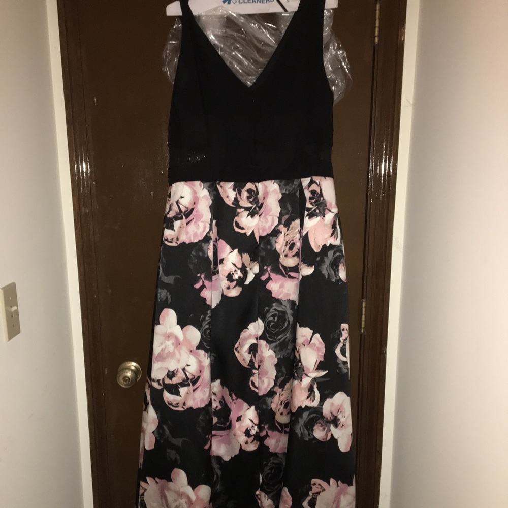 solid & floral print high-low gown